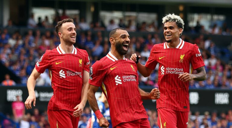 Mo Salah celebrating goal for Liverpool against Ipswich