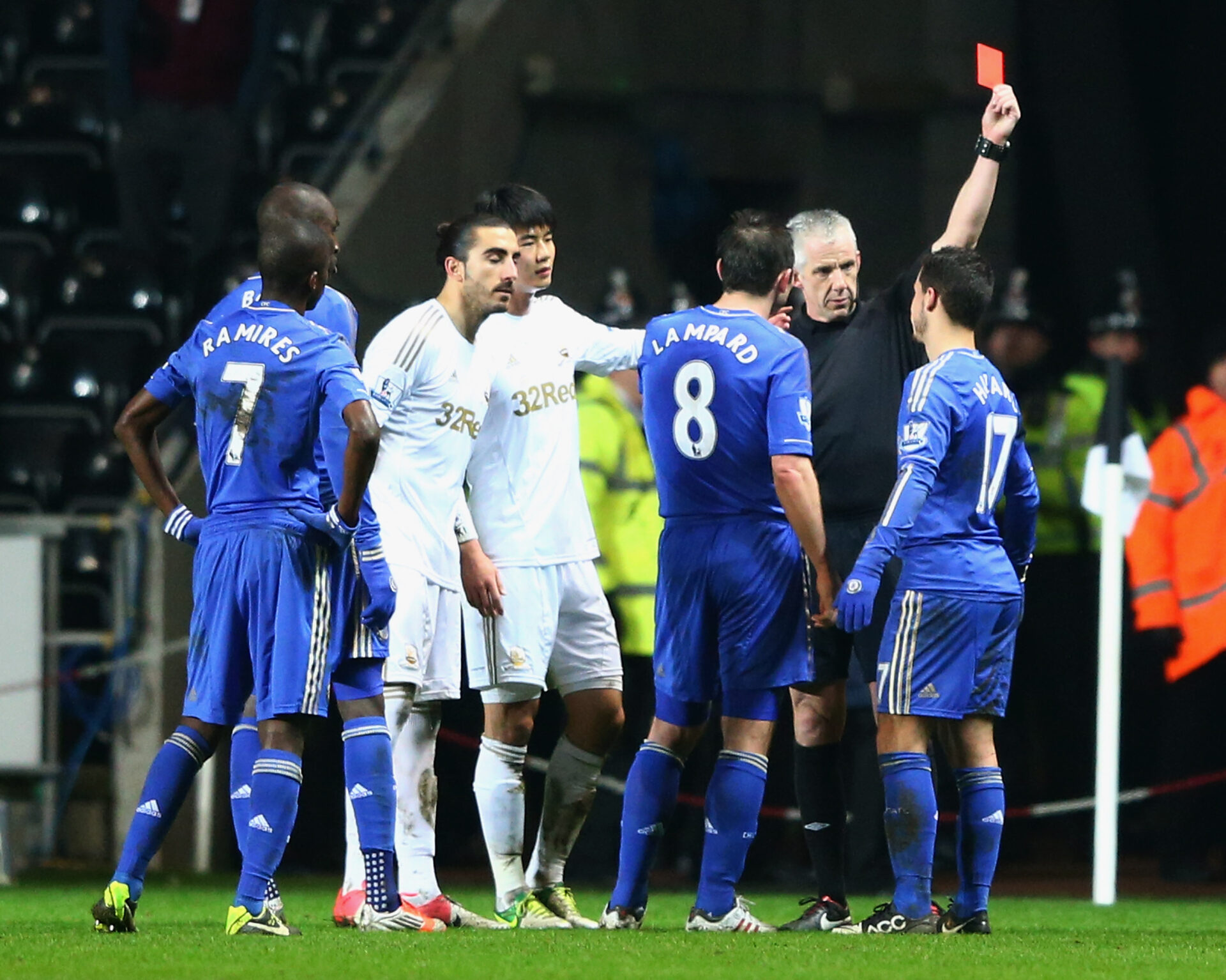 Hazard sent off after kicking Charlie Morgan